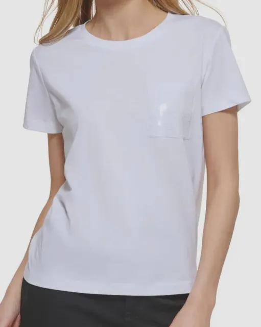 $49 DKNY Women's White Sequin-Trim Crewneck Short Sleeve T-Shirt Size XS