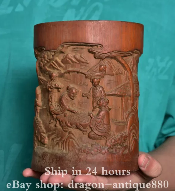 6.4" Old Chinese Huanghuali wood Dynasty People Brush Pot Pencil Vase