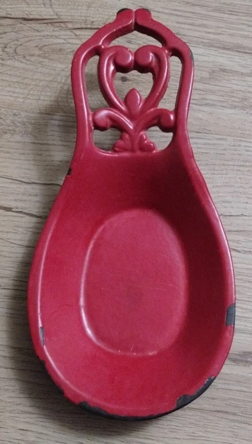 Vtg Cast Iron Spoon rest Holder HEARTS Red  Enameled
