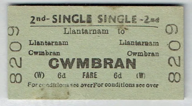 BTC(W) railway ticket 2nd class single Llantarnam to Cwmbran 1962