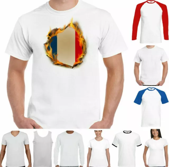 Francese T-Shirt Rugby Calcio Bandiera Fiamme Francia Tricolore Bastille Day
