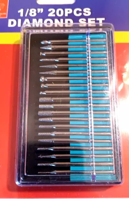 Diamond Burs 20pc Set 1/8" Shank 120-150 Grit Lapidary Glass Bits Rotary Points