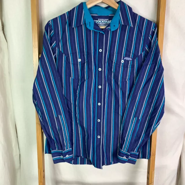 RM Williams Button Up Shirt Womens 8 Semi Fit Blue Purple Striped Long Sleeve