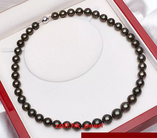 AAAAA 18"9-10mm Natural real round south sea black pearl necklace 14K gold