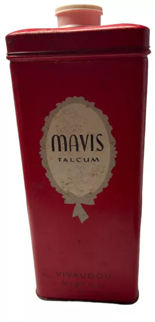 Mavis Talcum Powder Vintage tin . Powder still in it. Made In The USA. C1.87