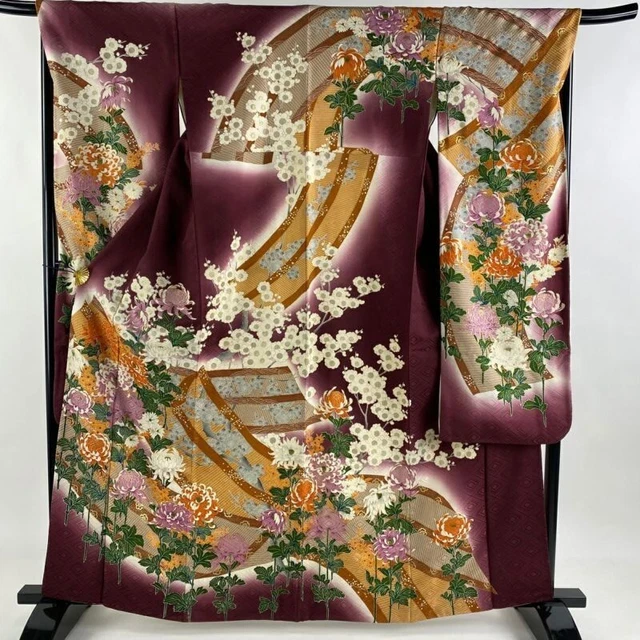 Japanese Kimono Furisode Pure Silk Chrysanthemum Gold Paint Purple Color