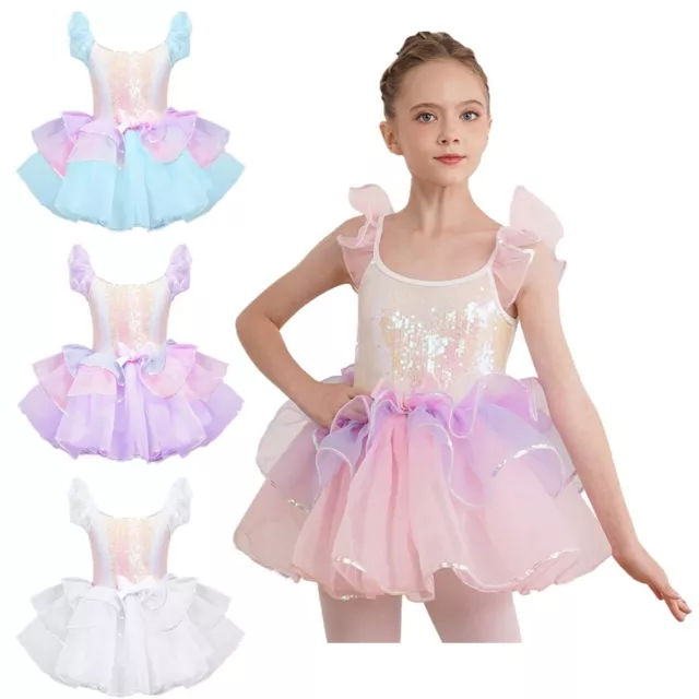 UK Kids Girls Sequins Ballet Dress Ruffle Sleeve Princess Tutu Leotard  Costume