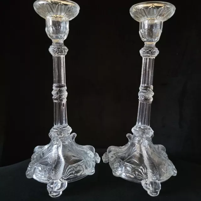 Pair of Ivima Clear Glass Candlesticks Heraldic Dolphin Motif - Made in Portugal