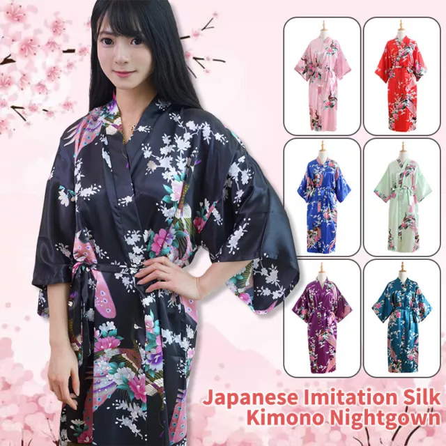 Women Satin Silk Long Kimono Robe Japanese Floral Sleep Dress Nightwear