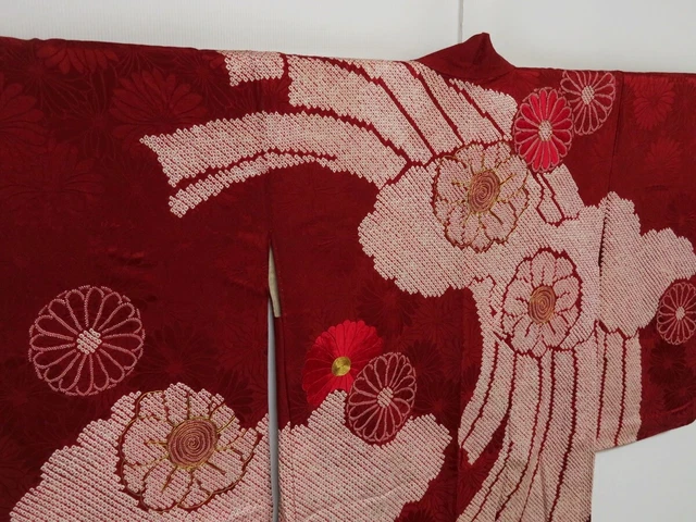 0520i07z690 Vintage Japanese Kimono Silk HAORI Dark red-brown Chrysanthemum