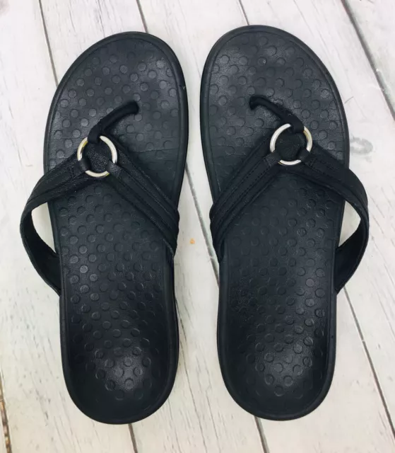 Vionic Floriana Women's US 9 Black Leather Thong Sandal Flat Flip Flop Slide