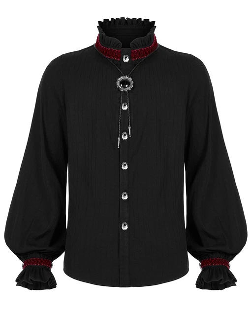 Camicia Uomo Gotica Steampunk Vittoriana - Manica Lunga, Colletto Alto, Bianca E Nera, Taglia Regular