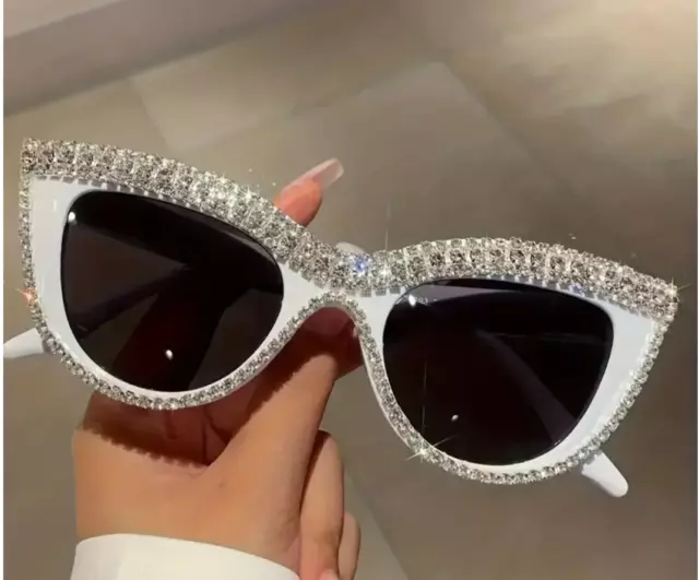 Bling Rhinestone White Cat Eye Sunglasses Summer Women  - Brand New