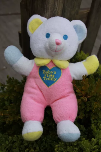 ours peluche doudou vintage BABY'S FIRST TEDDY ROSE BLANC JAUNE BLEU GRELOT 38cm