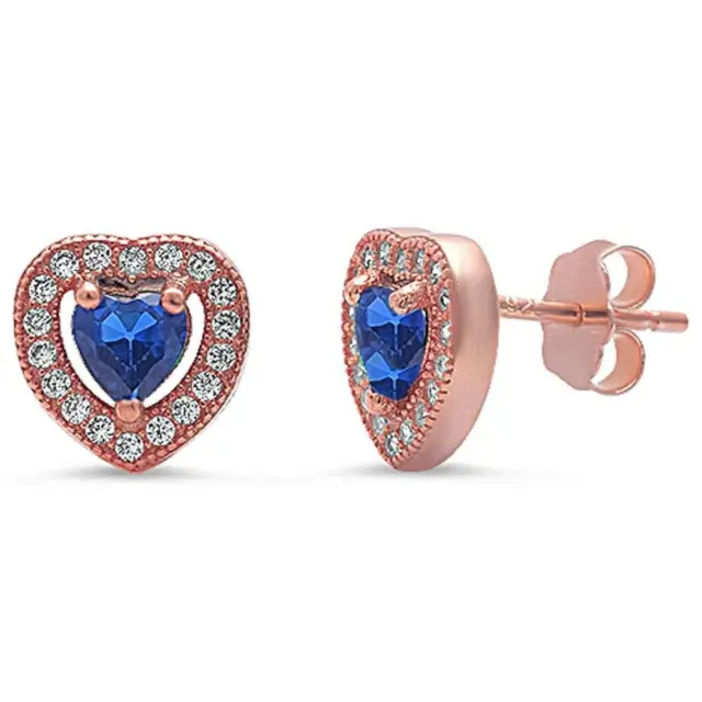 Halo Rose Gold Plated Blue Sapphire & Pave Cz Heart .925 Sterling Silver Earring