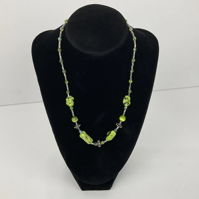 Natural Green Turquoise Collar Necklace Sterling Silver Beaded Faceted Cat’s Eye