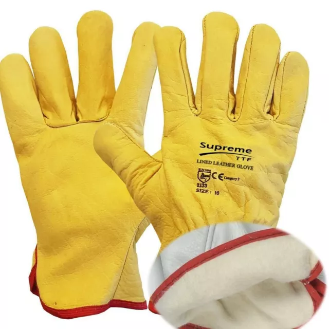 Premium Yellow Leather Driver Work Gloves Fleece Lined Lorry Truck Driving Glove