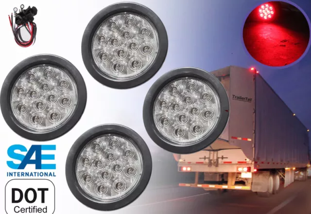 (4) New Red 4" Round Truck Trailer Brake Stop Turn Tail LED Light w Grommet Plug