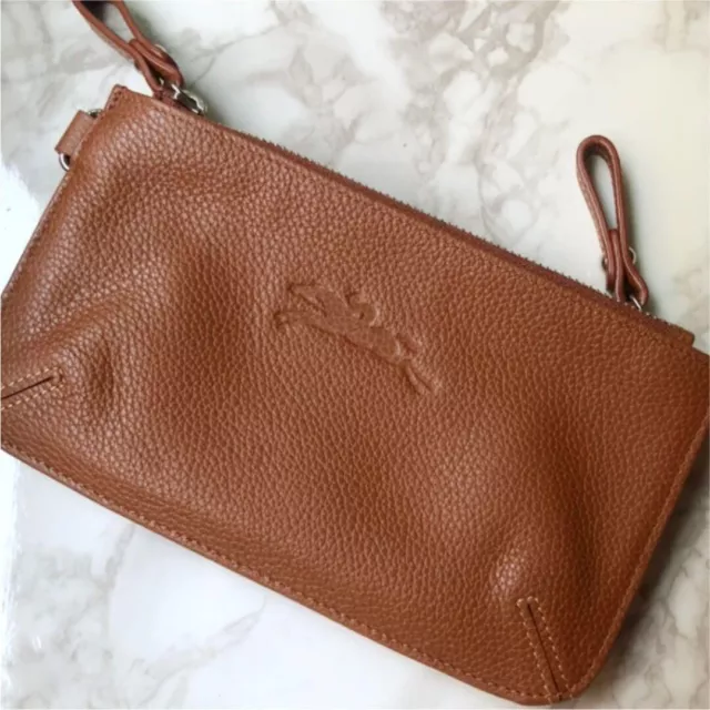 Longchamp Pouch Clutch Bag Cognac Brown Color Embossed Leather Unused Cute !