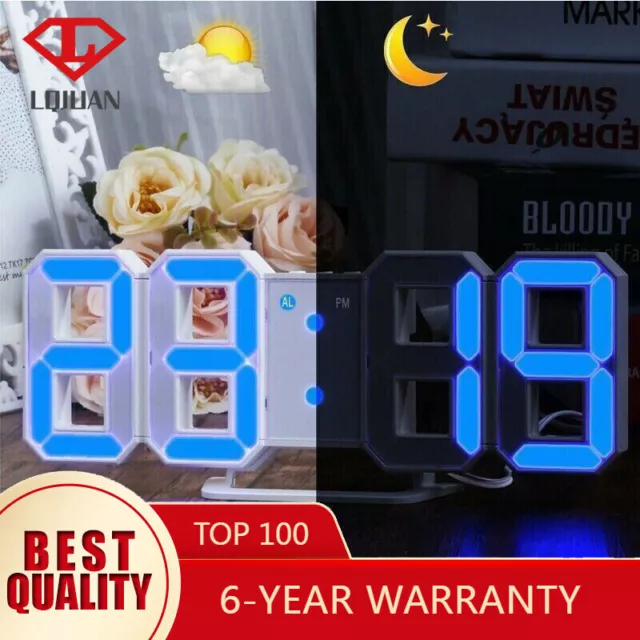 USB LED Digital Table Wall Clock Large 3D Display Alarm Clock Brightness Dimmer