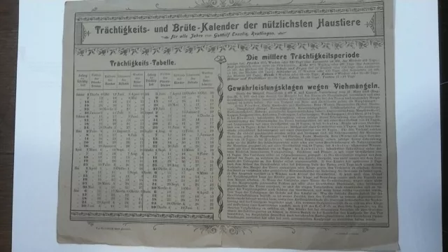 Historischer Trächtigkeits-und Brütekalender der nützlichsten Haustiere von 1911