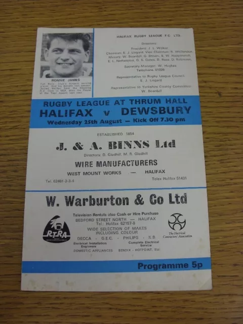 25/08/1971 Rugby League Programme: Halifax v Dewsbury (Folded)