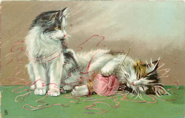 Tuck Postcard 122 Humourous Cats Play w/ Pink Yarn, Maurice Boulanger