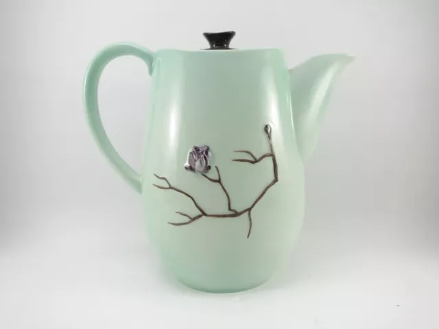 Carlton Ware Green Coffee Teapot w/2 Cup Saucer 2604 Handpainted Purple Magnolia 3