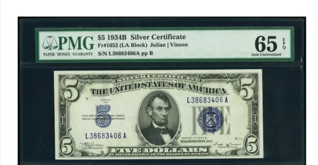 VINSON SILVER Fr. 1652 $5 1934B Silver Certificate PMG Gem Uncirculated 65 EPQ. 5