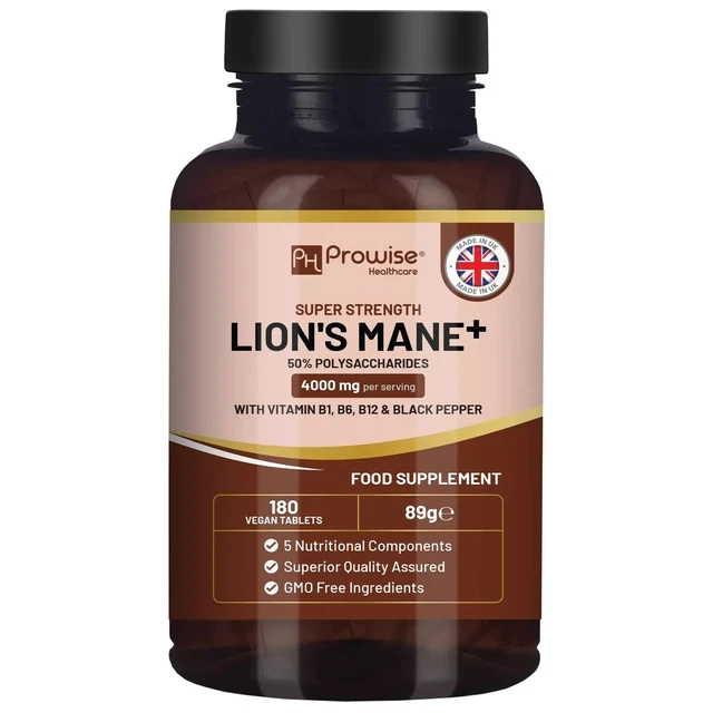 LIONS MANE MUSHROOM Supplement 4000mg with Vitamin B1, B6, B12 & Black
