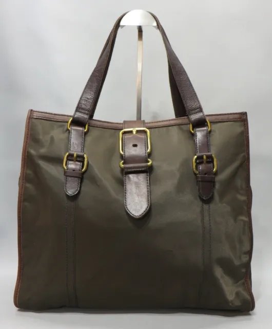 Fossil Army Green Nylon Brown Leather Trim Large Tote Bag