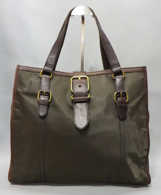 Fossil Army Green Nylon Brown Leather Trim Large Tote Bag Fossil Army Green Nylon Brown Leather Trim Large Tote Bag