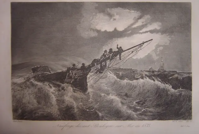 Très belle gravure d'un Naufrage devant BOULOGNE SUR MER en 1833 Navire Bateau