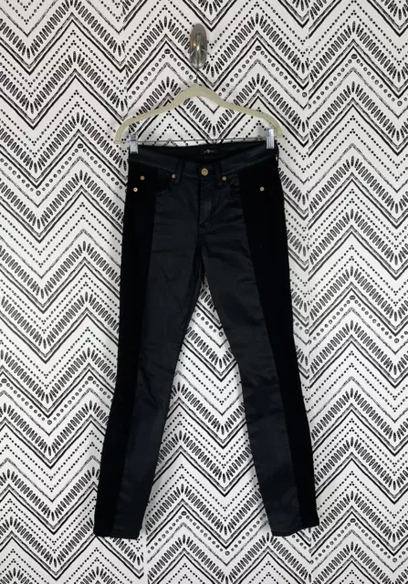 Women 7 For All Mankind Black Stretch Faux Leather Lace Trim Skinny Pants Sz 27