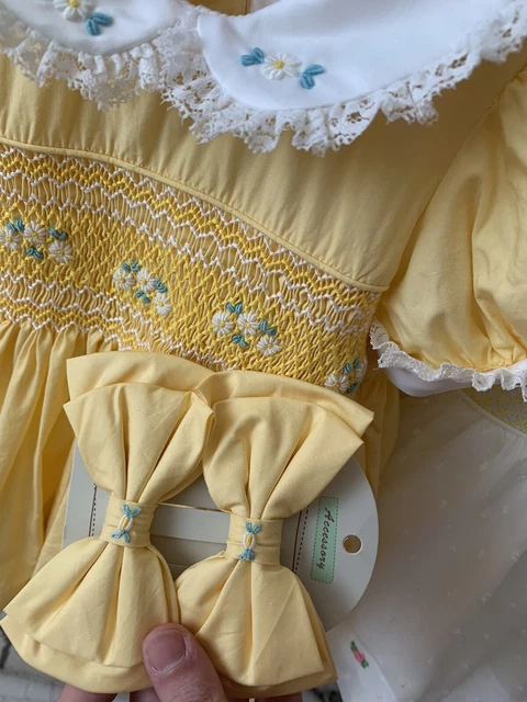 💛 Yellow Baby girls Smock Dress Back Bow & Hair Bows 12M