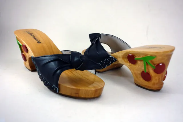 Size 7, 3 inch Hand Carved Wooden Cherry Sandals with Black Leather Straps, Reg.