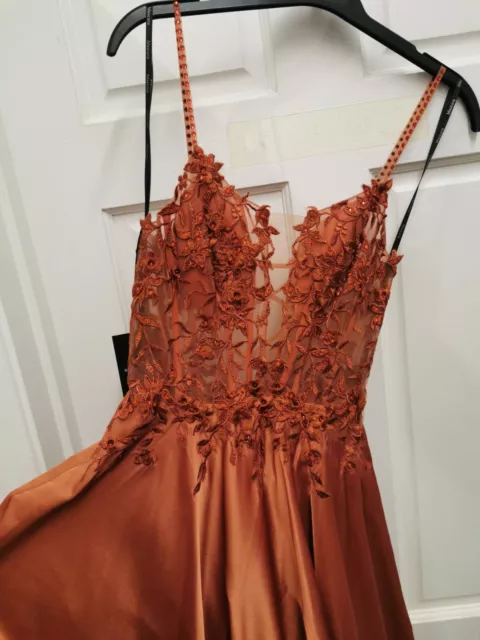 Mascara Mc192045 size 4 tabacco orange Emb strap back lace up Evening dress BNWT