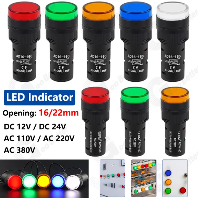 16/22mm Pilot Light LED Indicator Warning Lamp Panel Mounting 12V 24V 220V 380V