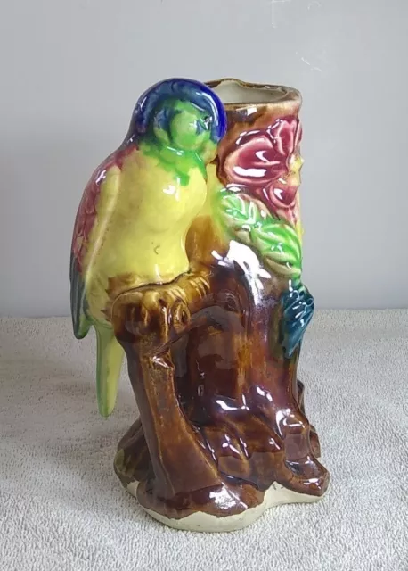 Lovely 8" Hand Painted Parrot Majolica Style Vase made in Japan dated 1929