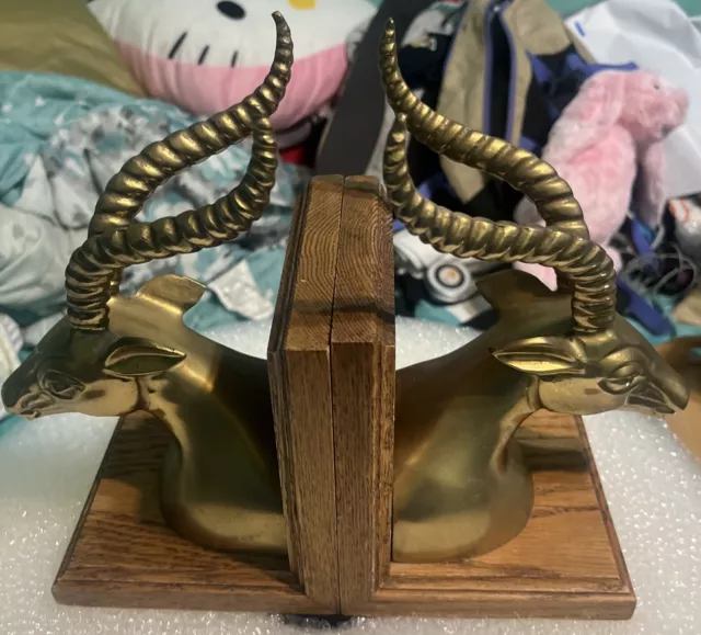 Vintage Heavy Solid Brass/wood Longhorn Gazelle Deer Antelope Ram BookEnds Euc