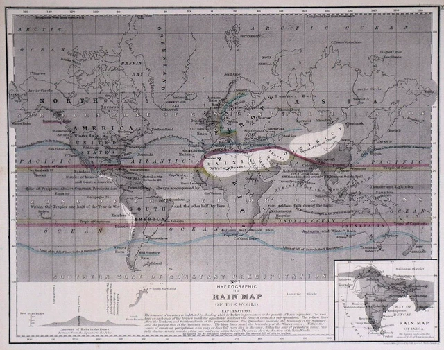 Old 1878 Mitchell's School Atlas Map ~ HYETOGRAPHIC or RAIN MAP of the WORLD