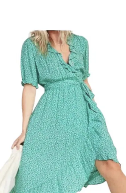 OLD NAVY GREEN & WHITE WOMENS RUFFLE WRAP DRESS Size LARGE BNWT