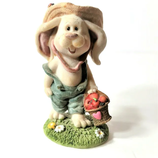 Vintage Bunny Fuzzy Flocked Ceramic Farmer Rabbit Figurine Easter Valentines 5"