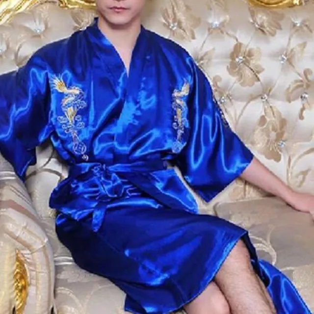 Men's Satin Dragon Kimono Silk Bath Robe Chinese Style Sleepwear Navy Blue