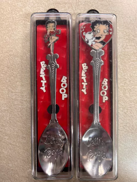 Lot of 2 Diff. Betty Boop Collector Spoon 1997 Standing Metal in Case Vtg NOS