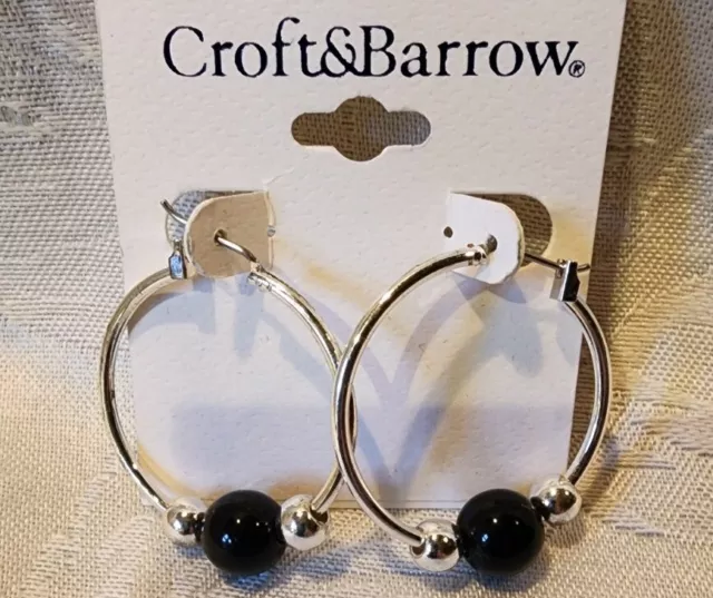 Croft & Barrow Silvertone And Black Hoop Earrings New