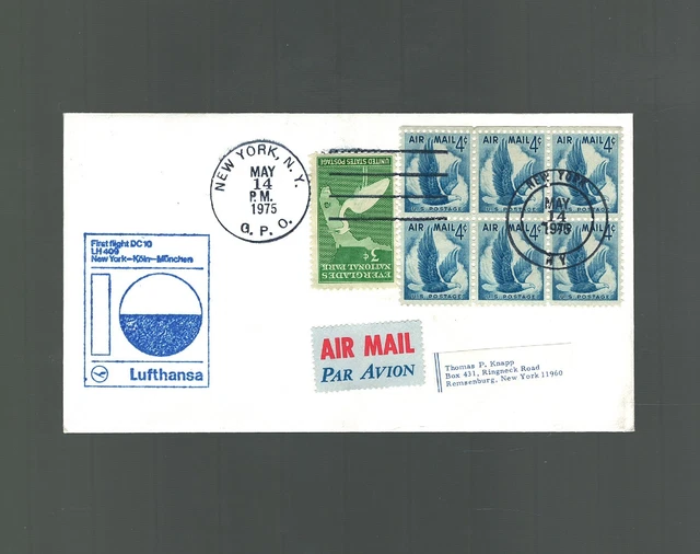 US First Flight Cover New York GPO t9 Cologne Germany 1975 US Sc c48