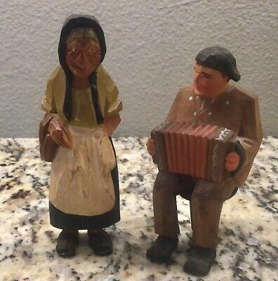 Vintage Pair of Carved Wooden Folk Art Old Woman and Man w/accordion  on Stool