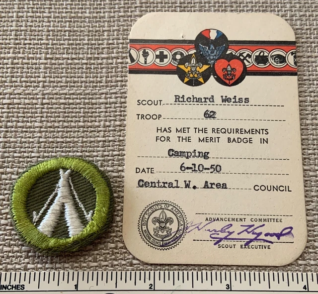 VINTAGE 1940S CAMPING Boy Scout Merit Badge PATCH & CERTIFICATE CARD