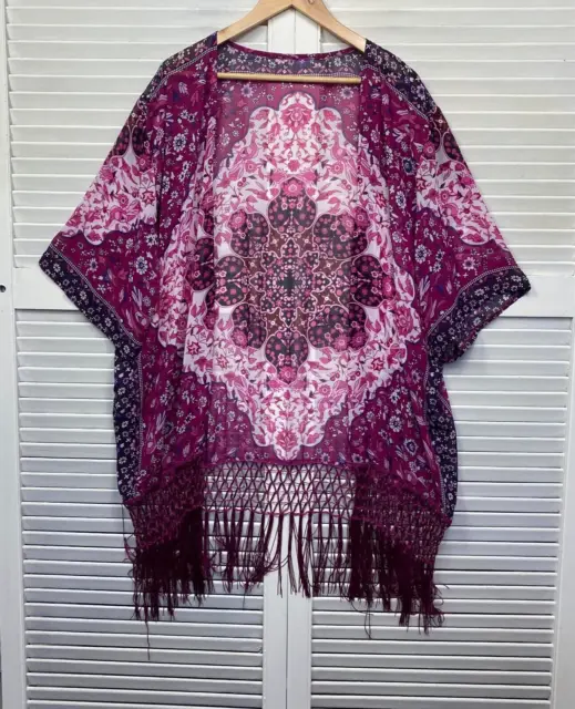 Boho Kimono Top Duster Jacket Womens One Size Pink Fringe Bohemian Peasant